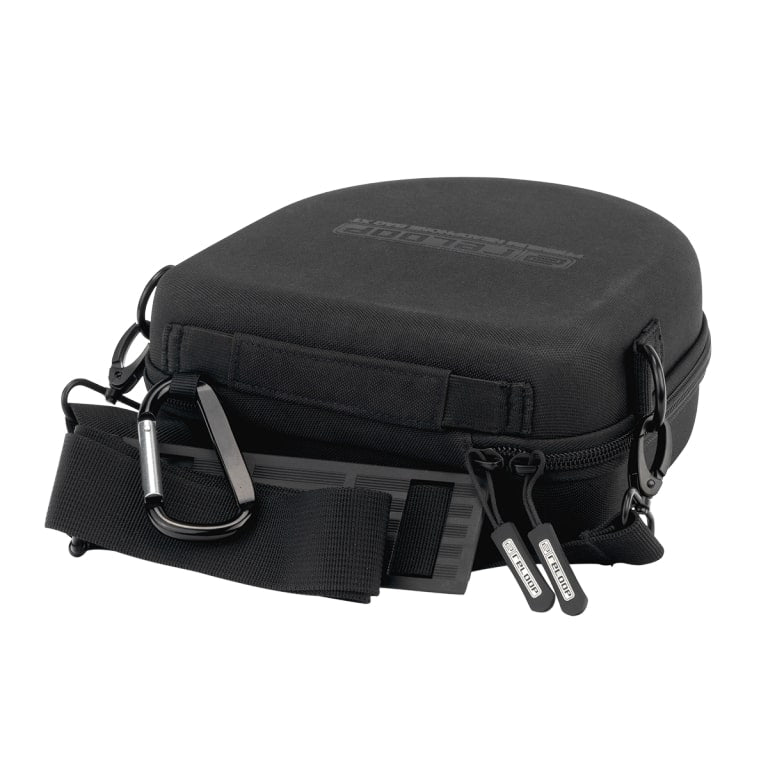 Reloop Premium Headphone Bag XT in black, with padded interior and adjustable strap, designed for protecting high-quality headphones.