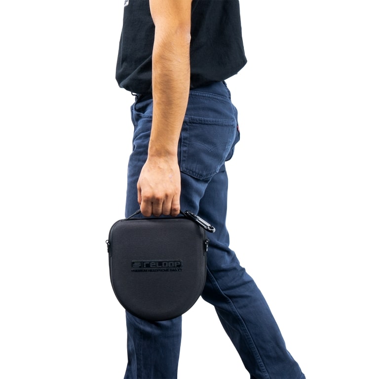 Reloop Premium Headphone Bag XT black bag with zipper and padded interior for storing and protecting headphones.
