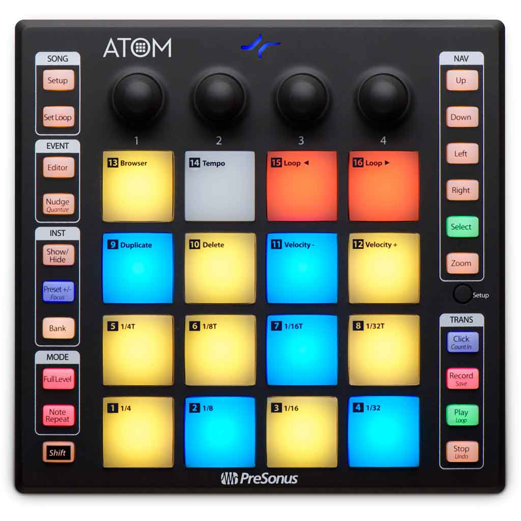 PreSonus Atom MIDI pad controller with colorful pads and control knobs for music production and performance.