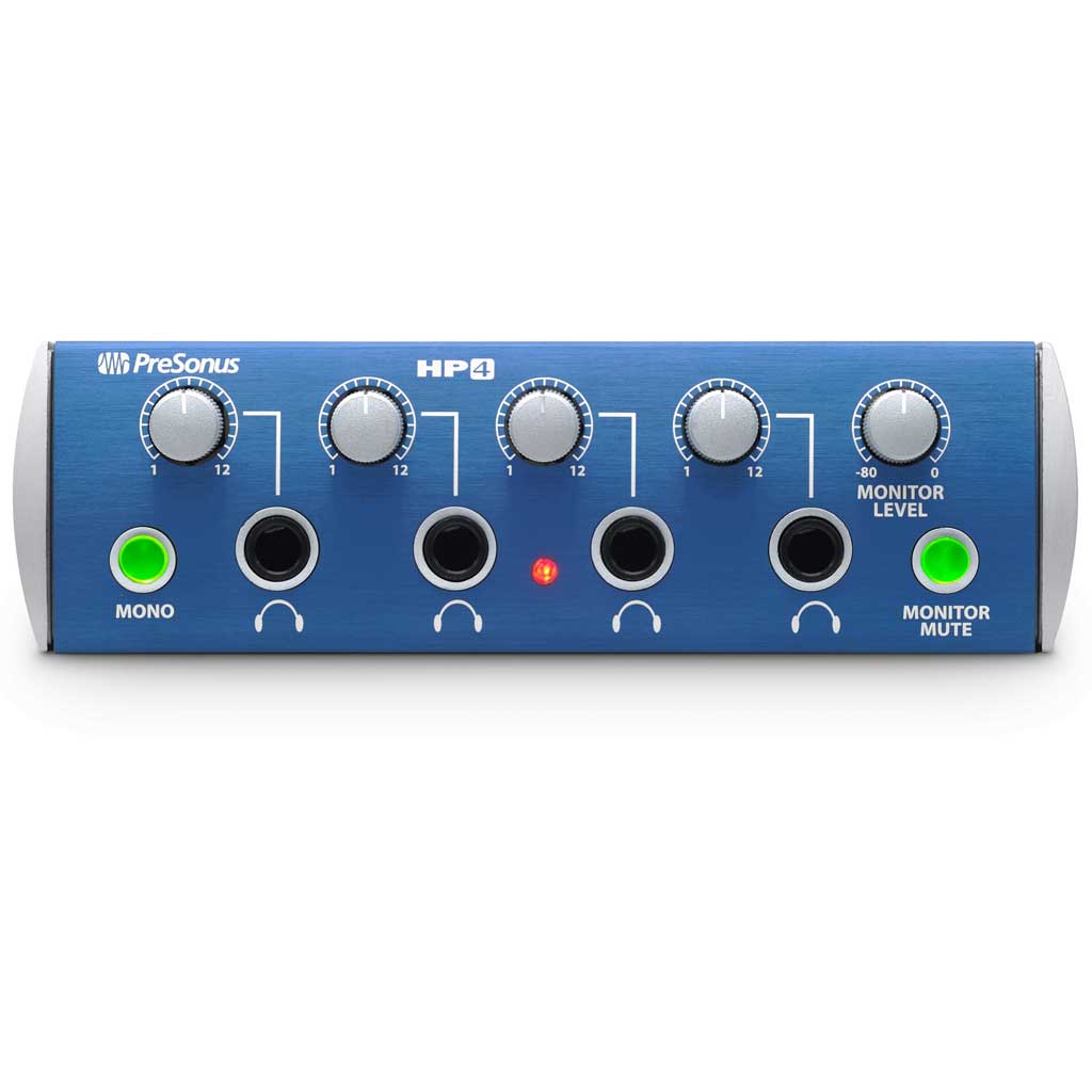 PreSonus HP4 4-channel compact headphone amplifier with front controls and multiple headphone jacks.