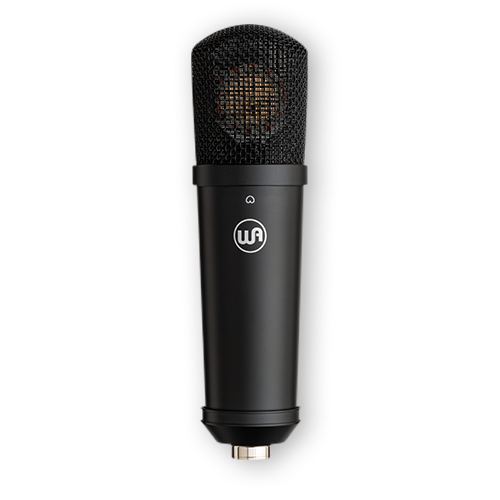 Warm Audio WA-87jr SE large-diaphragm cardioid condenser microphone in black, shown with its sleek design and microphone grille.
