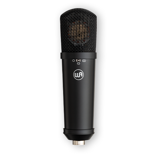 Warm Audio large-diaphragm transformerless FET condenser microphone in black, showing the sleek microphone body on a product card.