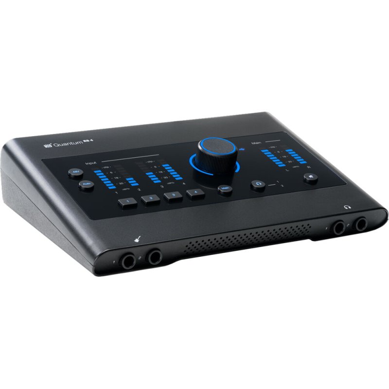 PreSonus Quantum 4 x 4 USB-C audio interface with multiple input and output ports, compact design, and professional audio quality.