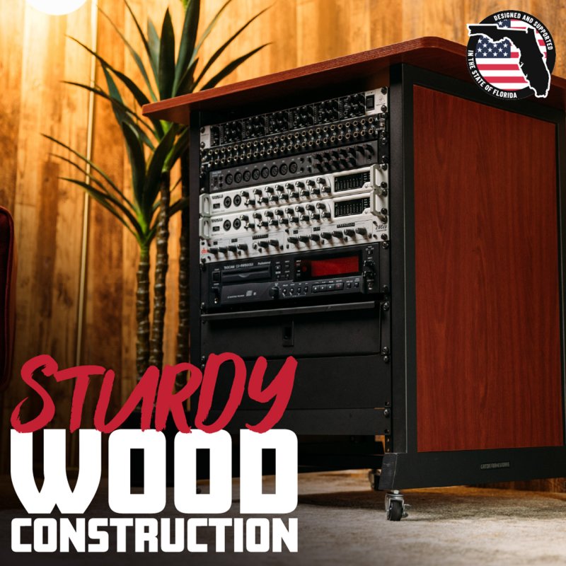 Gator RI-STRK-14U-CH 14U Wood Rack Cabinet with Casters and Leveling Feet in Cherry Finish 