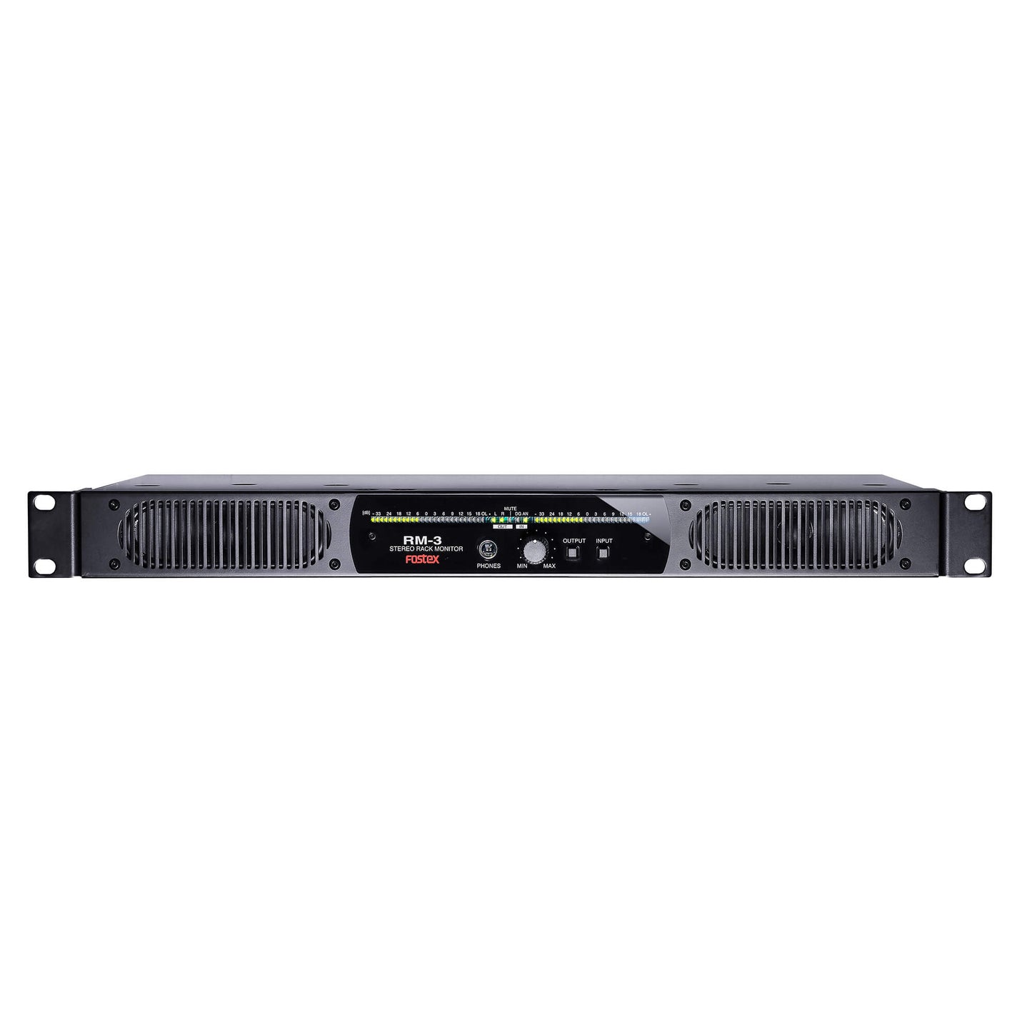 Fostex RM Series rack mount speaker system, model RM-3, showing the black speaker with mounting brackets and control panel.