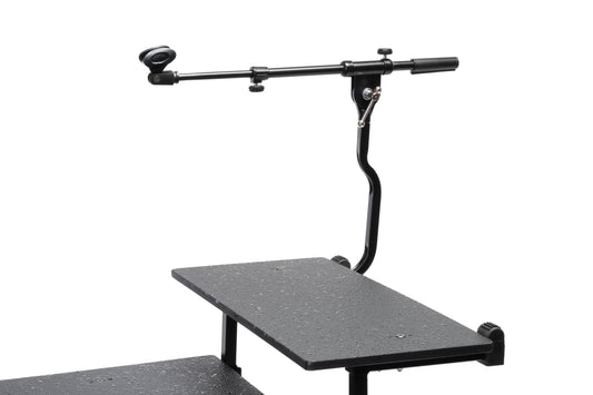 RockNRoller RMBCK1 compact keystand mini boom arm with shelves, designed for stands and live setups, shown with mounted equipment.