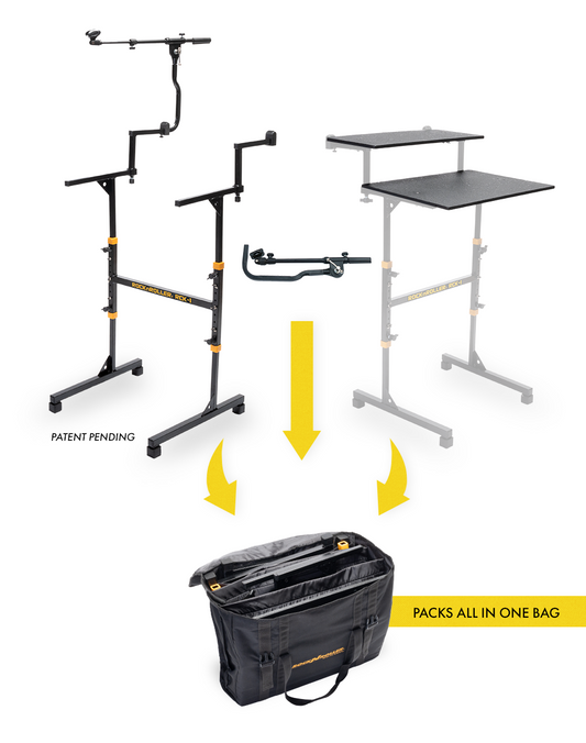 Yellow RockNRoller RCK-1 compact two-tier travel keyboard stand with adjustable height and sturdy support for live performances.