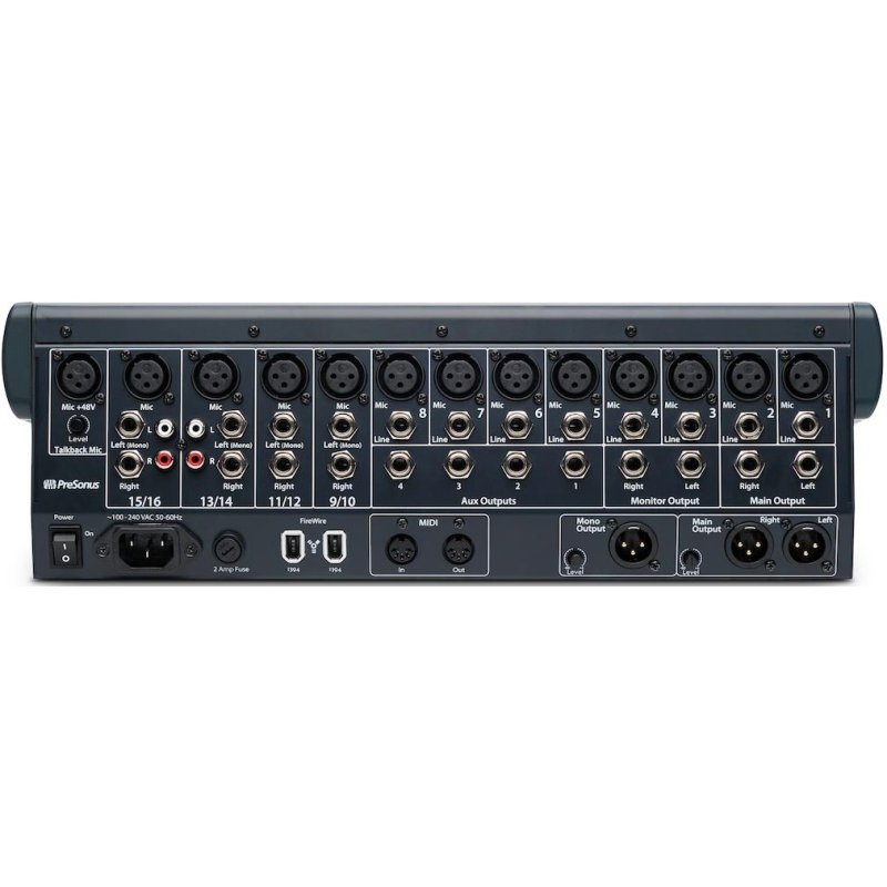 PreSonus StudioLive 16.0.2 USB digital mixer with multiple channels, knobs, and input/output ports for performance and recording.