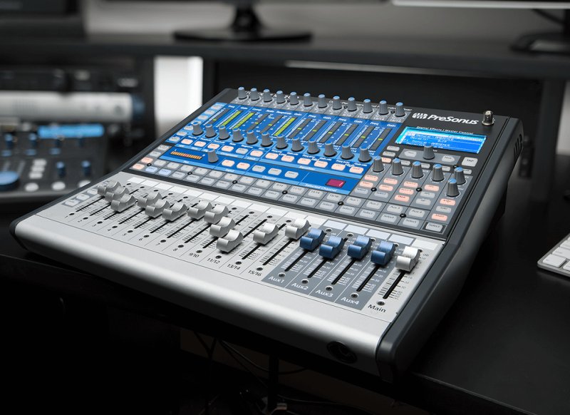 PreSonus StudioLive 16.0.2 USB digital mixer with multiple knobs, faders, and input/output ports for live sound and recording.