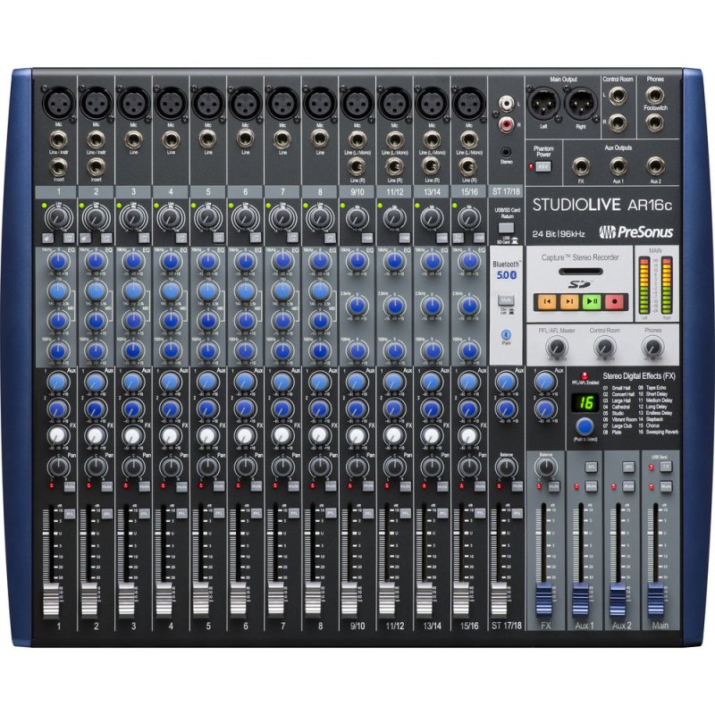 PreSonus StudioLive AR16C USB-C 18-channel hybrid mixer with knobs, faders, and input jacks for live performance and recording.