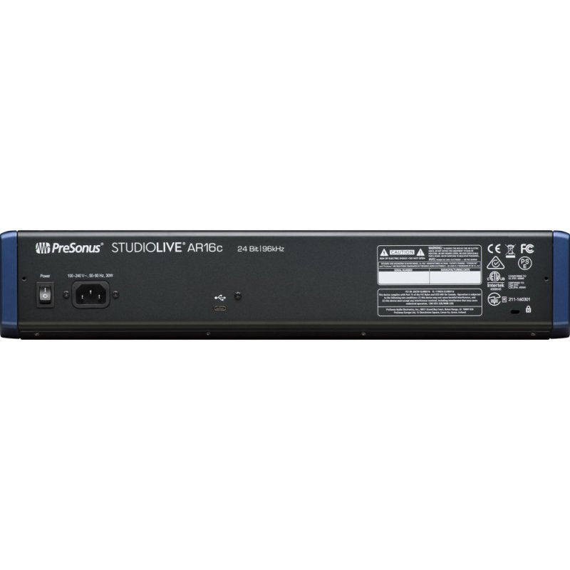 PreSonus StudioLive AR16C USB-C 18-channel hybrid recording mixer with knobs, faders, and input ports for live sound and recording.