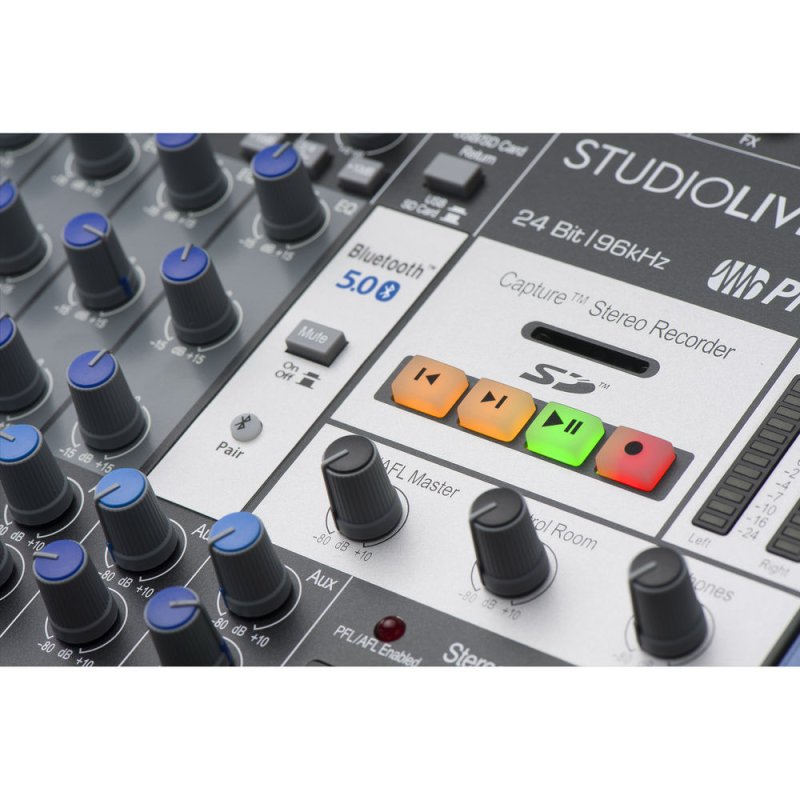 PreSonus StudioLive AR16C USB-C 18-channel hybrid mixer with knobs, faders, and input ports for live performance and recording.