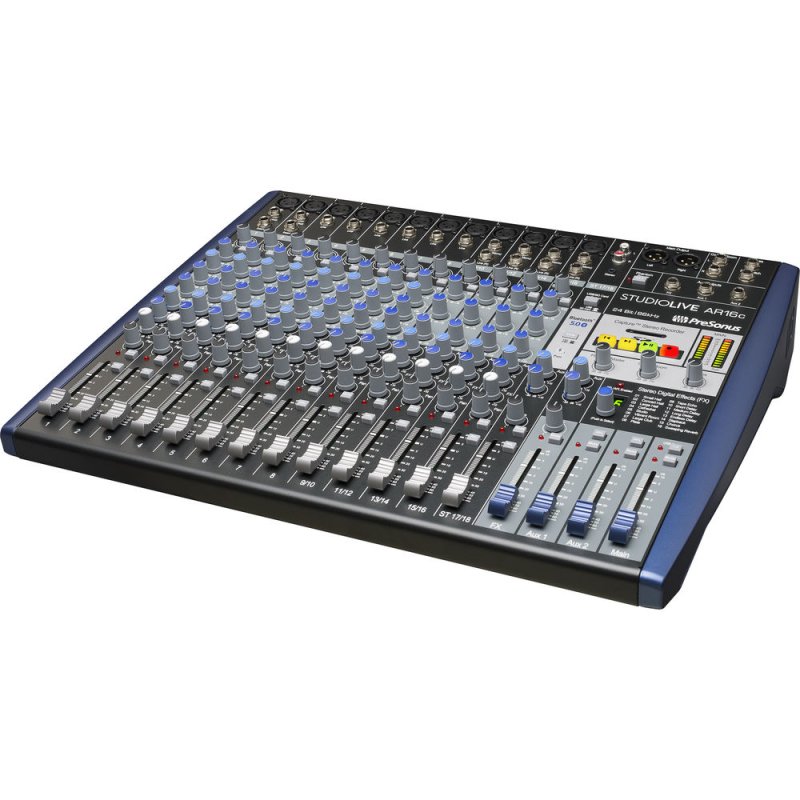 PreSonus StudioLive AR16C USB-C 18-channel hybrid mixer with knobs, faders, and multiple input ports for live performance and recording