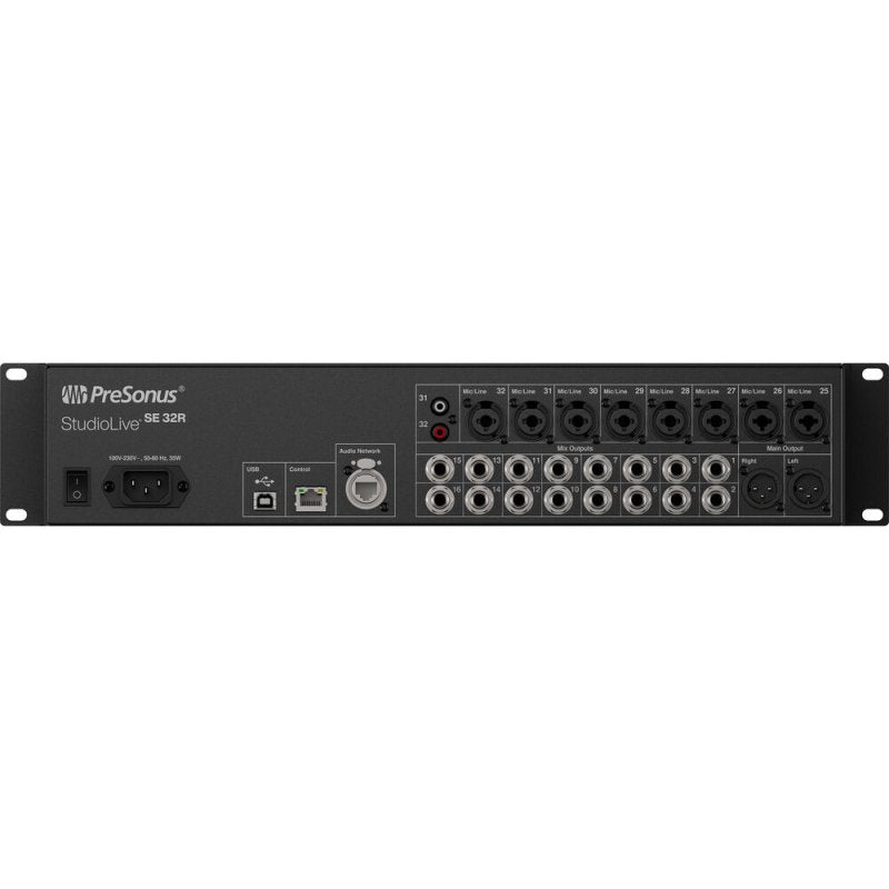 PreSonus StudioLive Series III SE 32R digital rack mixer with 32 inputs, 40 channels, and control surface in a studio setup.