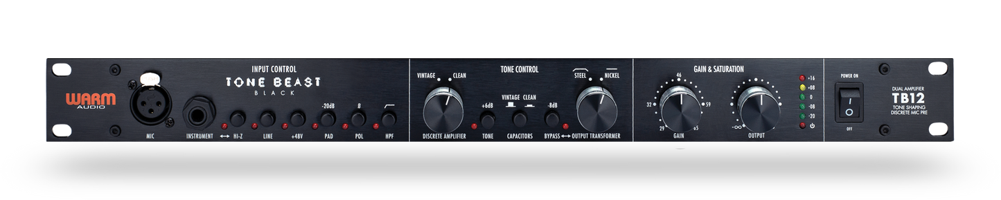 Warm Audio Tone Beast black solid state microphone preamp with tone shaping controls, shown in the TB12 image.