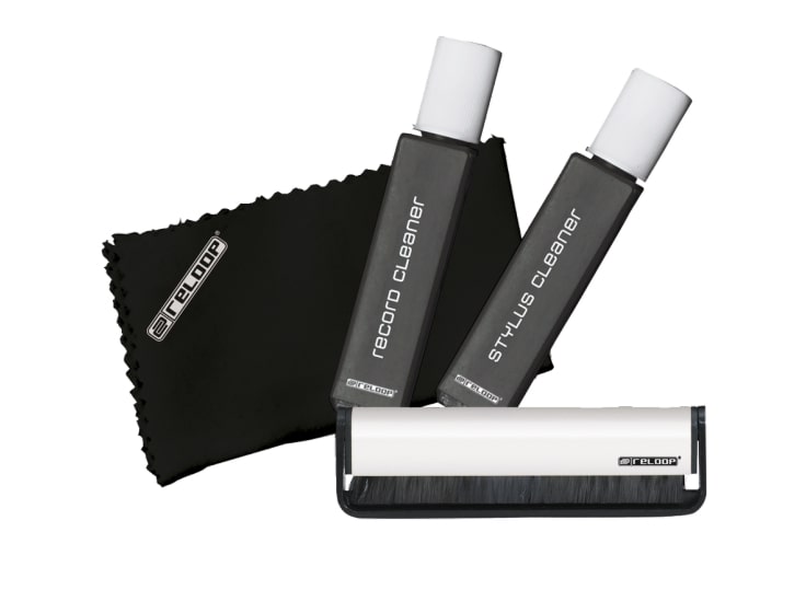 Reloop professional vinyl and stylus cleaning set with brushes and cleaning solution for record care and maintenance.