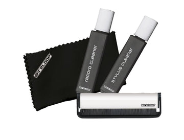 Reloop professional vinyl and stylus cleaning set with brushes and cleaning solution for record care and maintenance.