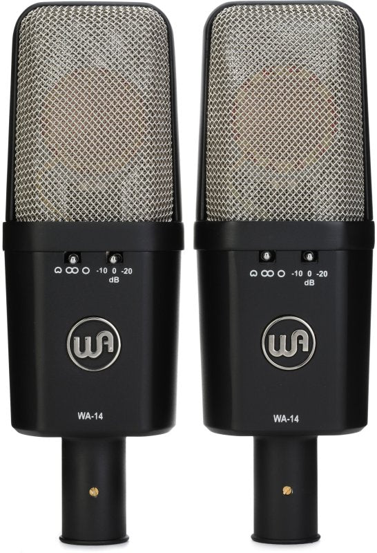 Pair of Warm Audio WA14 large-diaphragm multi-pattern condenser microphones for studio recording, shown in stereo configuration.