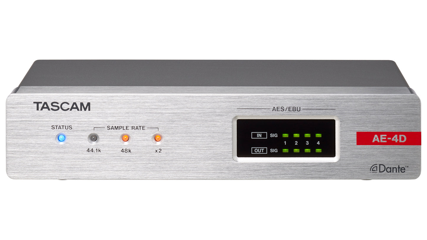 Tascam AE-4D Dante input/output converter with built-in DSP mixer, showing front panel with control knobs and display.