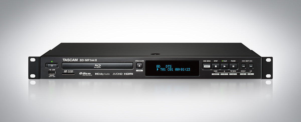 Tascam BD-MP1MKII Blu-ray player with SD and USB playback, showing front panel with media ports and controls.