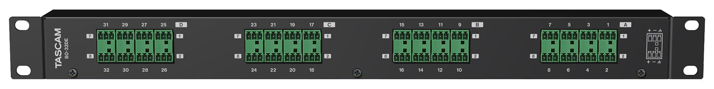 Tascam 32-channel DB25 to Euroblock I/O adapter in a rackmount for professional recorder setup.