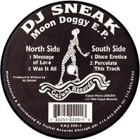 Rectangle Triangle Moon Doggy E.P. album cover with abstract moon and geometric shapes in vibrant colors.