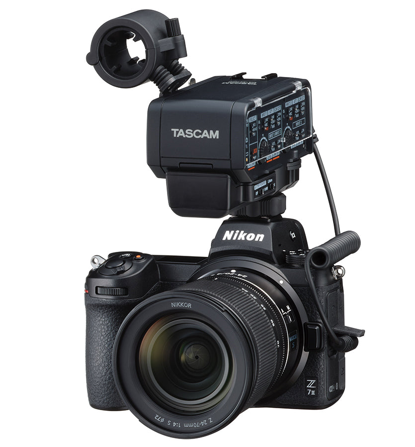 Tascam XLR microphone adapter kit for cameras, featuring 3.5mm analog connection, suited for video and DSLR audio recording.
