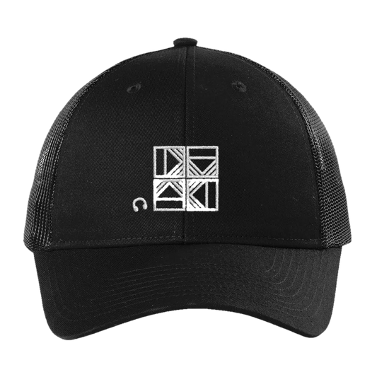 Rectangle Triangle RT low-profile snapback trucker cap with a curved brim and adjustable strap, shown in a close-up view.