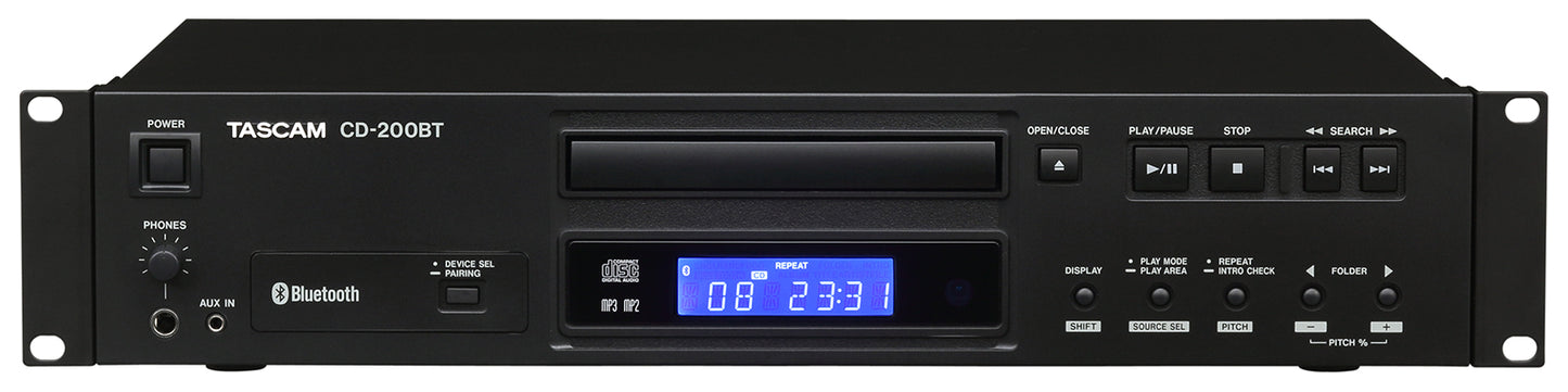 Tascam CD-200BT Bluetooth receiver and CD player component media recorder with front view and control panel.