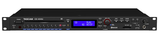 Tascam CD-400U CD/SD/USB media player with Bluetooth and AM/FM tuner, front view of component media recorder.