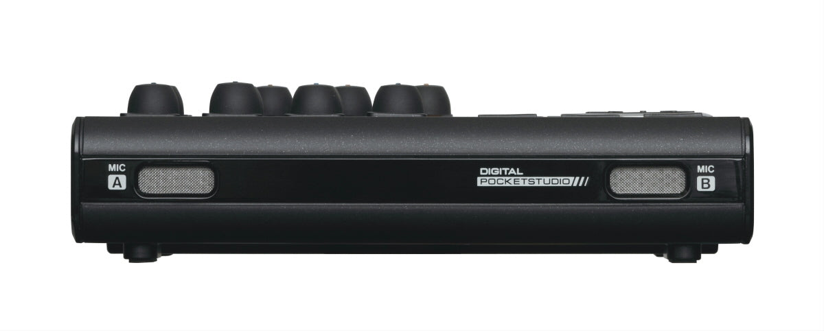 Tascam 6-Track Digital Pocketstudio Recorder with front view, compact digital portastudio for music recording and editing.