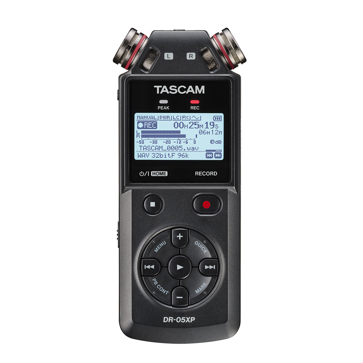 Tascam DR-05XP portable stereo handheld recorder with front view, 2-channel 32-bit float recording and USB-C interface.