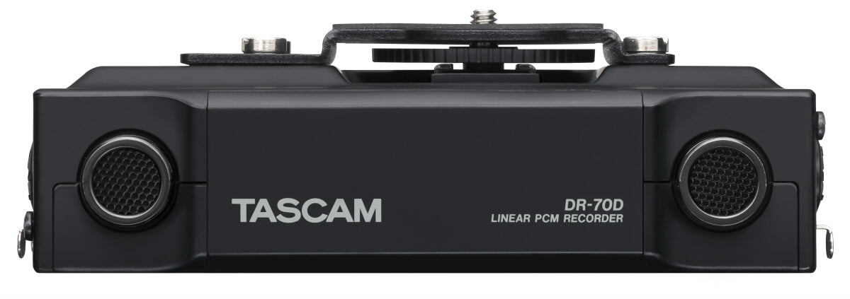 Tascam DR-70D 4-channel audio recorder for DSLR and video cameras, front view showing controls and input jacks.