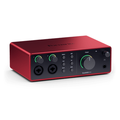 Focusrite Scarlett 4i4 4th Gen USB audio interface with multiple input/output ports and included Cubase LE software.