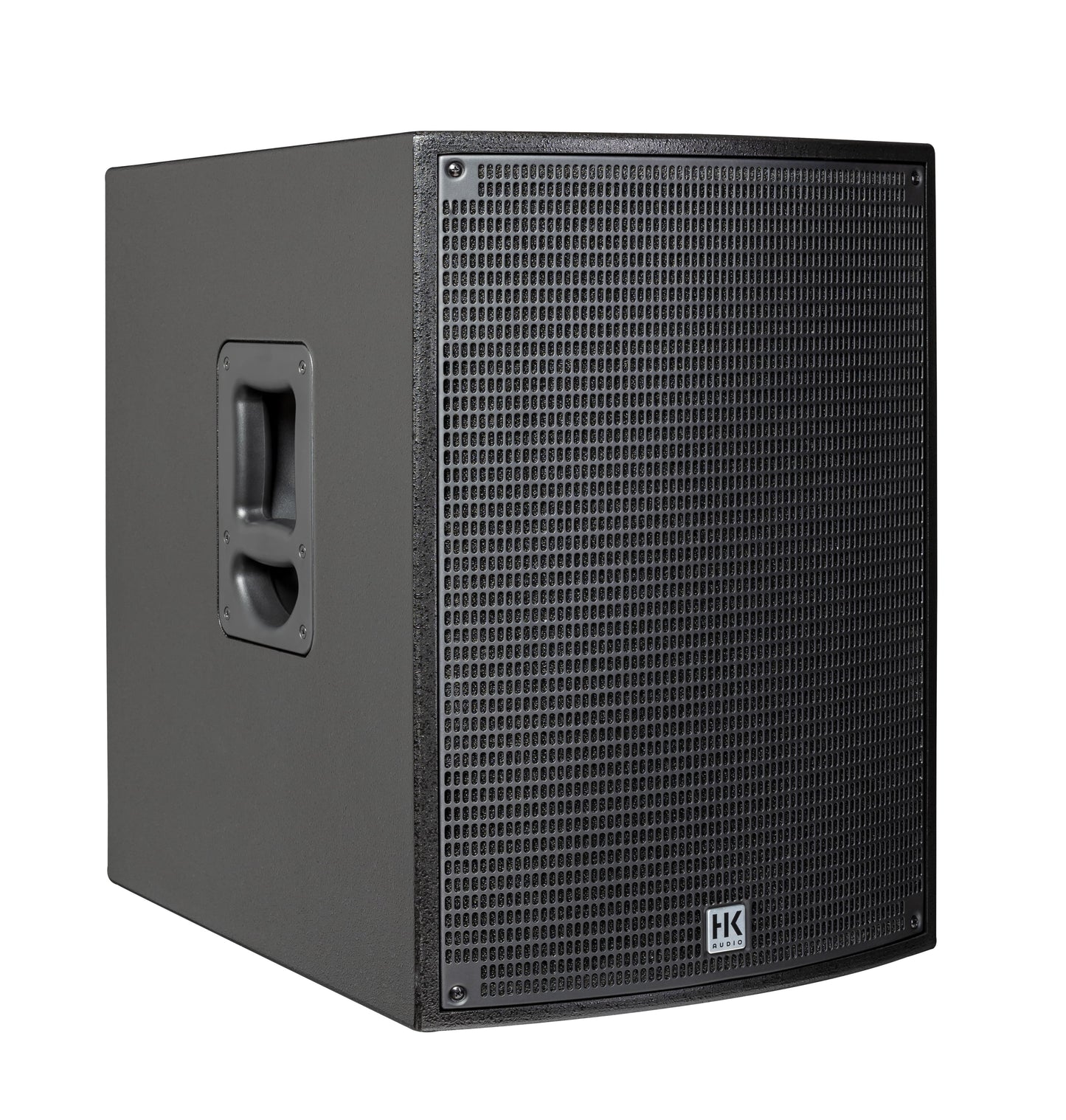 HK Audio SONAR Series 1500-Watt 15-inch powered subwoofer with a slanted design, ideal for powerful bass in professional audio setups.