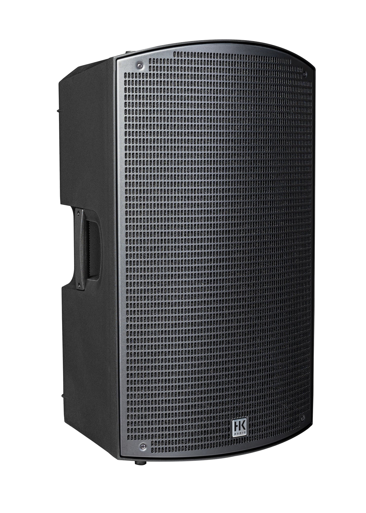 HK Audio SONAR Series 1200-Watt 15-inch powered speaker with slanted design for professional sound reinforcement.