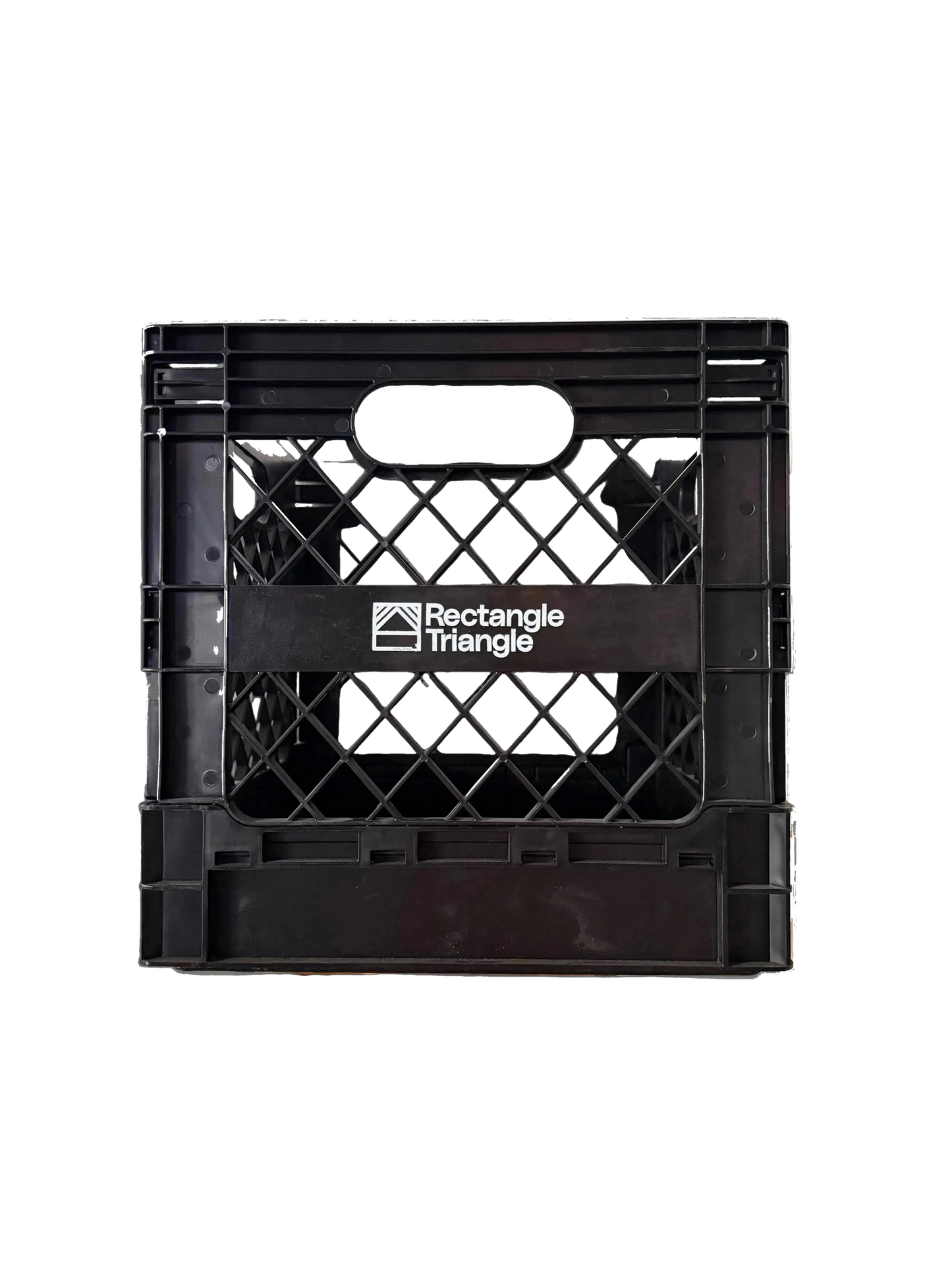 Rectangular Triangle RT Milk Crate for storage, showing sturdy plastic construction with open slats for ventilation and organization.