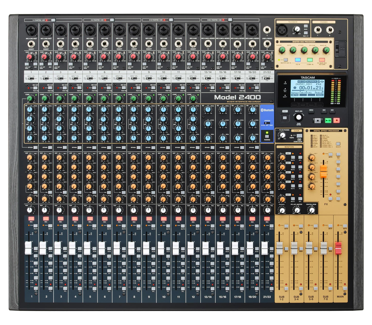Tascam 24-track flagship analog recording console and live mixer with audio interface, front view showcasing controls and inputs.