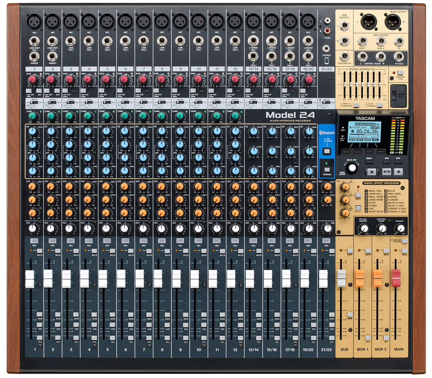 Tascam Model 24 digital and analog hybrid mixer with multi-track recorder, showing control panels and input channels.