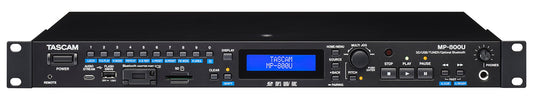 Tascam MP-800U media player with front display, SD card slot, USB port, and FM tuner for component media playback and recording.