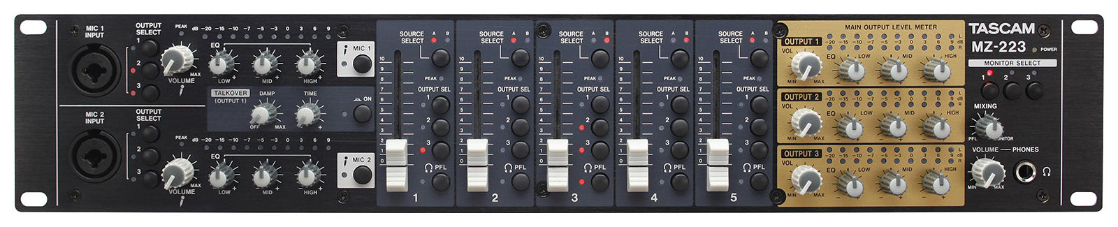 Tascam 5-channel, 22-input Rackmount Zone Mixer with 5 Faders, EQ, 3 Stereo Zone Outputs 
