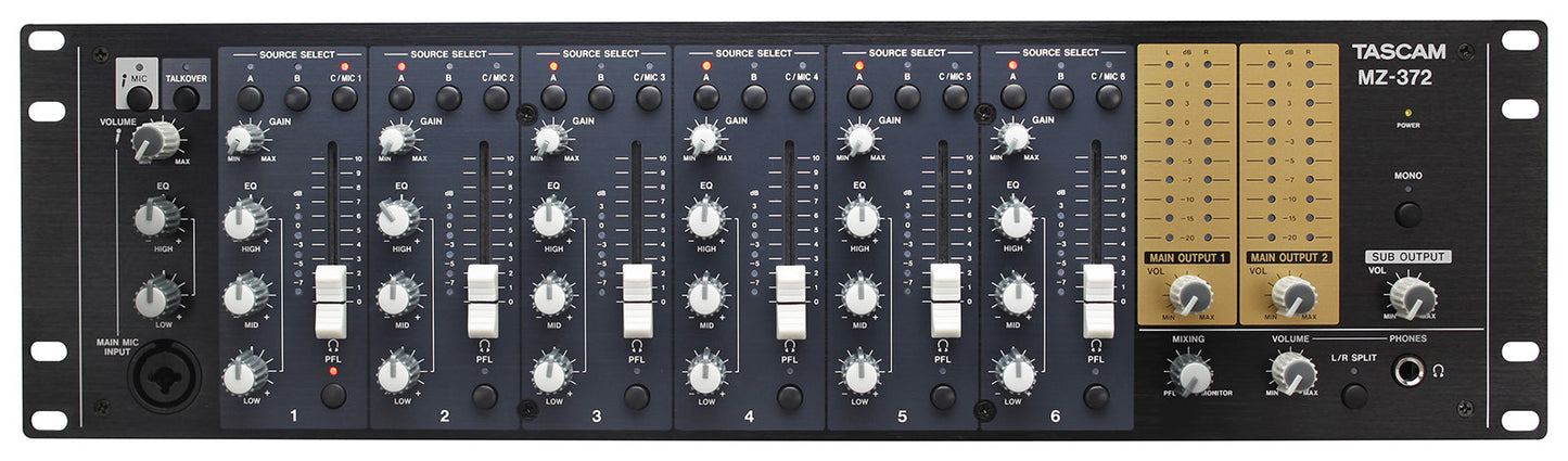 Tascam 7-channel rackmount zone mixer with voice priority, featuring multiple input controls and a sleek front panel design.