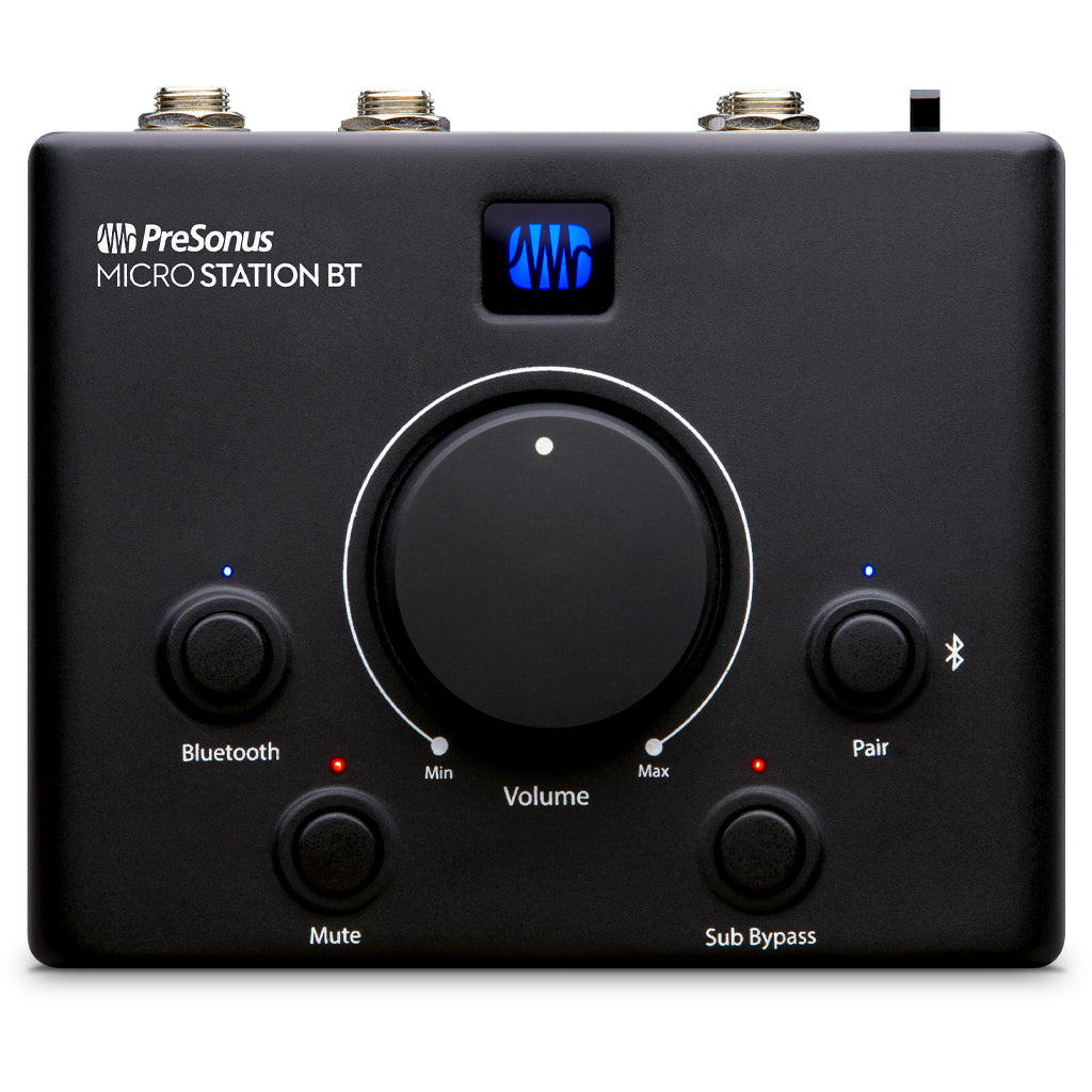 PreSonus 2.1-channel monitor controller with Bluetooth, featuring front panel controls and connectivity for audio monitoring.