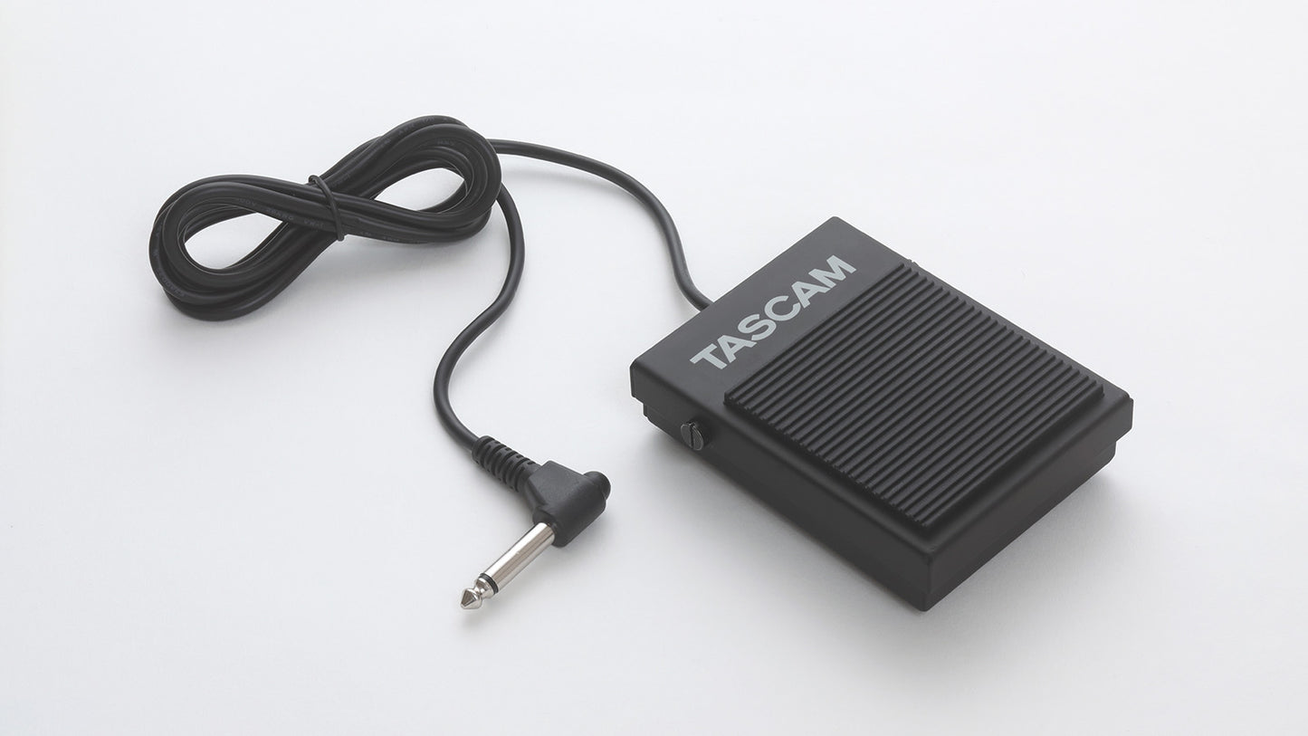 Tascam RC-1F foot switch for Tascam digital portastudios like DP03, GB10, LR10, and DR40, shown connected to device.