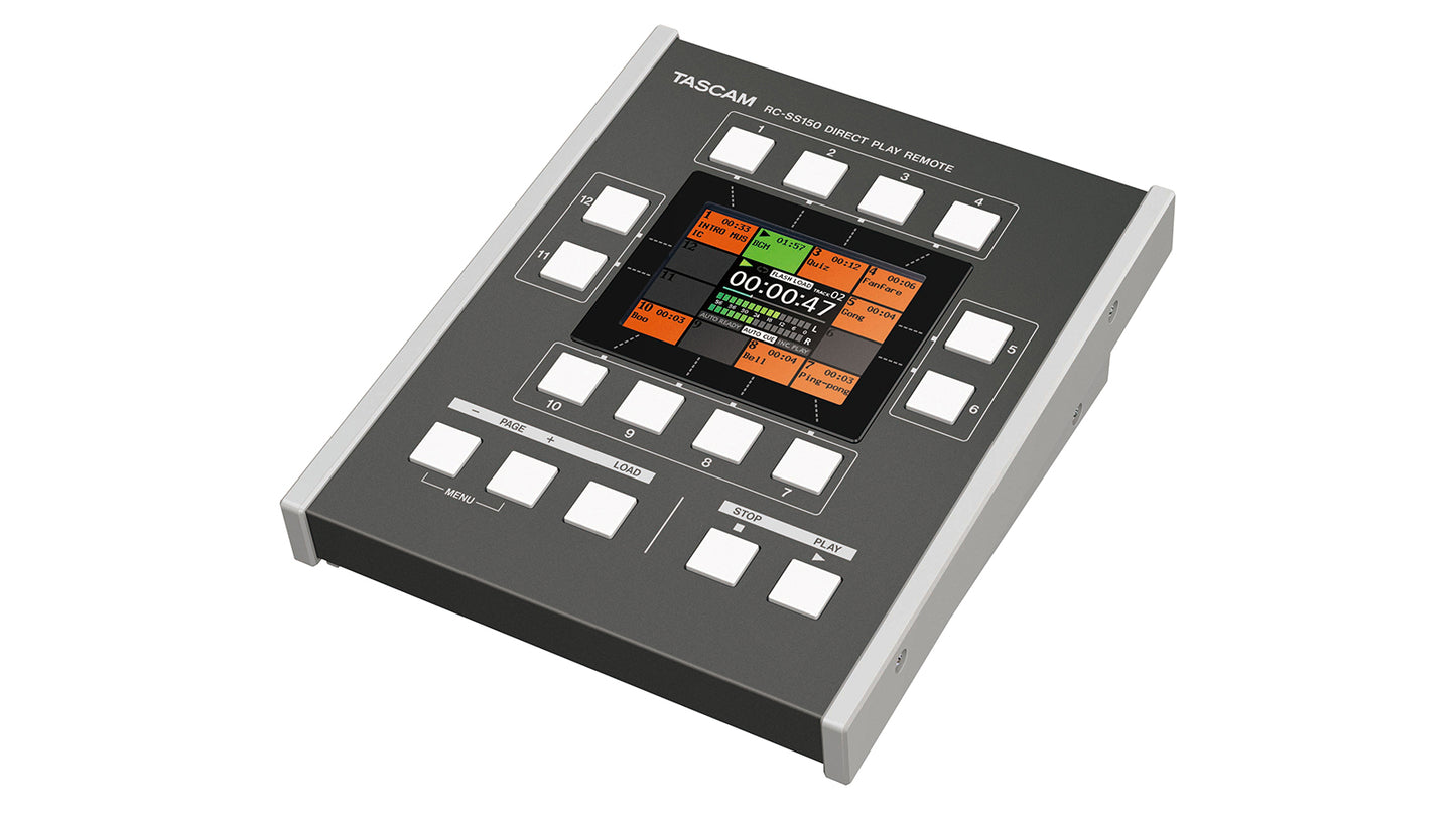 Tascam remote control for SS-R250N and SS-CDR250N media players and recorders, showing buttons and ergonomic design.