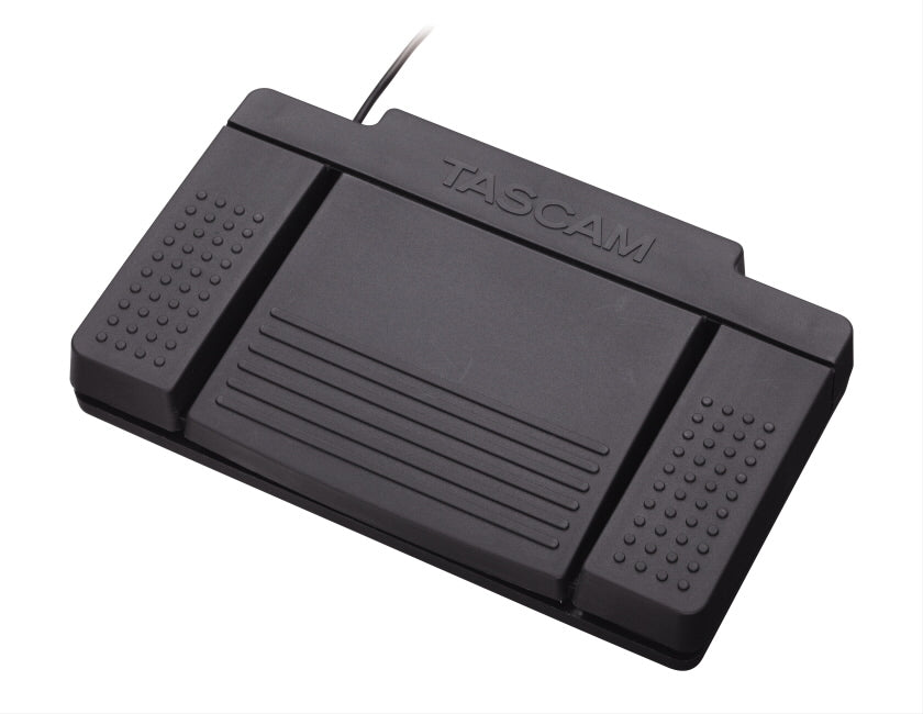 Tascam 3-Way Footswitch for digital portastudios, showing the RC3F model with three footswitch buttons on a black background.