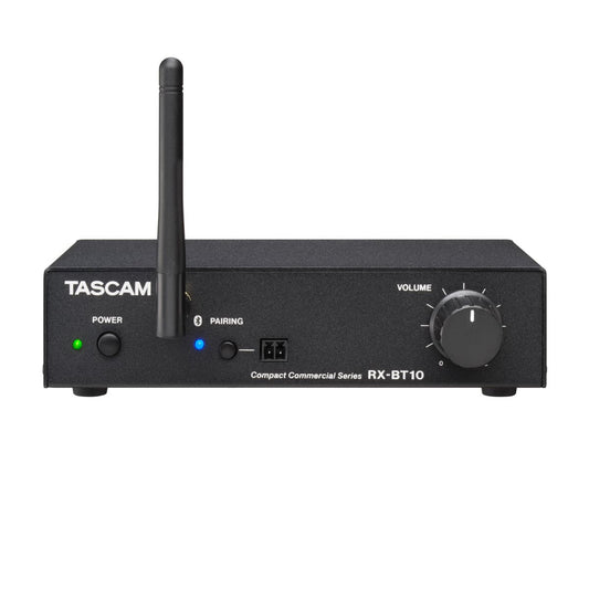 Tascam RX-BT10 stereo Bluetooth audio receiver showing front view with control buttons and display screen.