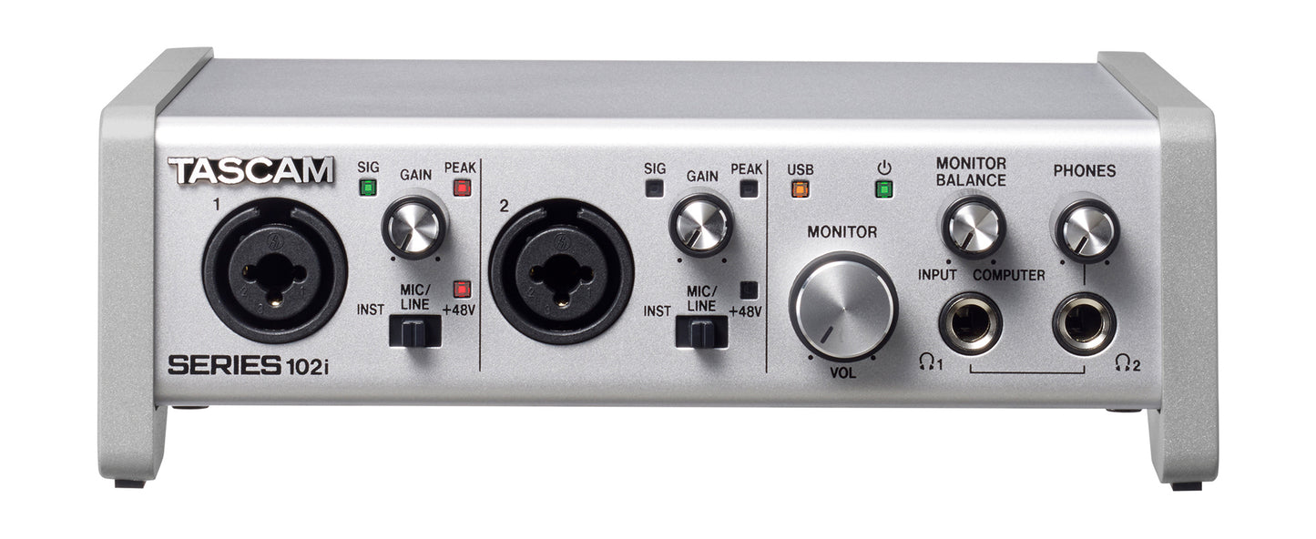 Tascam 10 In 2 Out USB audio and MIDI interface with front input/output ports, compact computer audio hardware.