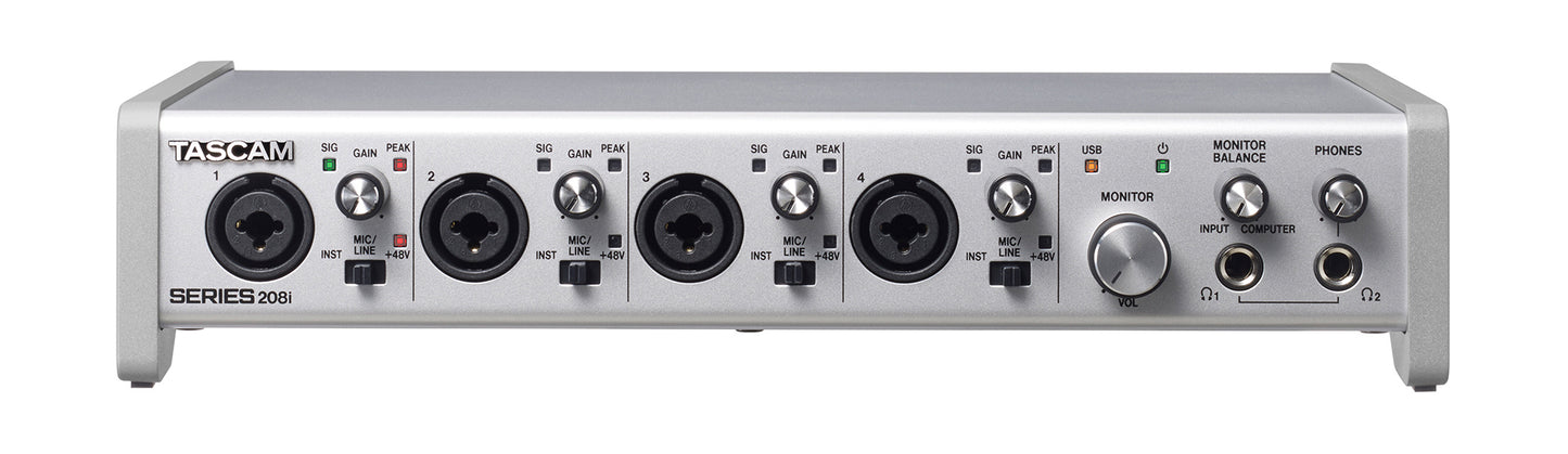 Tascam 20 In 8 Out USB audio and MIDI interface with front panel controls and connection ports for computer music production.