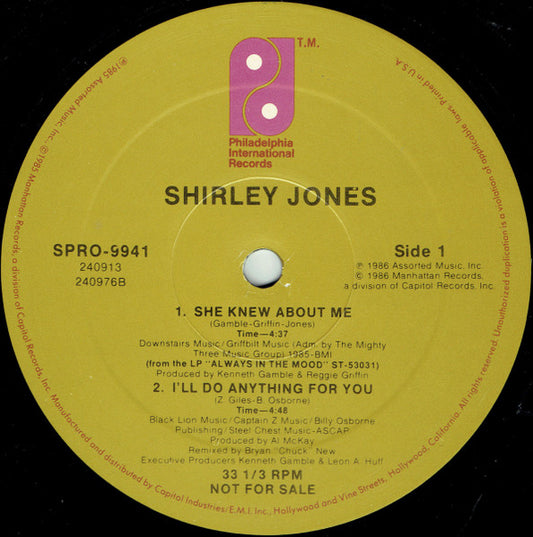 Shirley Jones - She Knew About Me / I'll Do Anything For You, 12" vinyl, on Philadelphia International Records (1986)